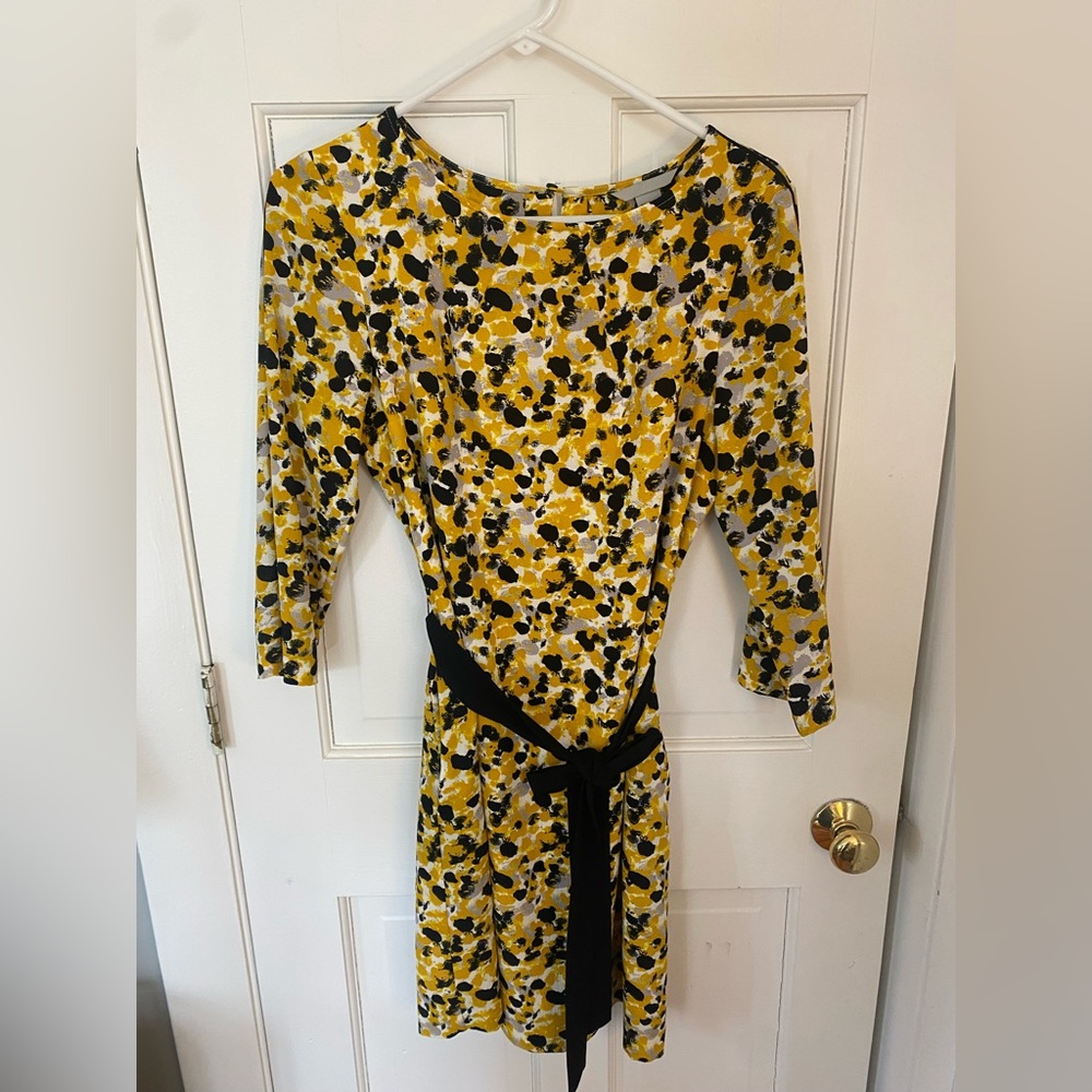 H&M Yellow and Black 3/4 Sleeve Belted Midi Dress